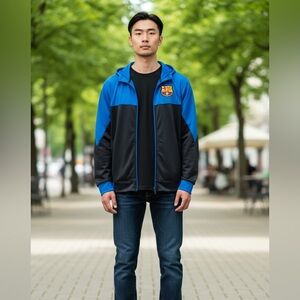 FCB Barcelona Mens Hoodie Full Zip Soccer Jacket  Dark/Light Blue Size Small